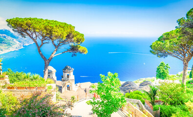Belltower in Ravello village with sea view, Amalfi coast of Italy, web banner format - obrazy, fototapety, plakaty