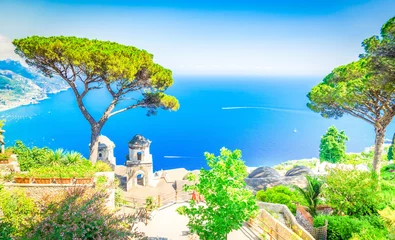 Photo sur Plexiglas Plage de Positano, côte amalfitaine, Italie Belltower in Ravello village with sea view, Amalfi coast of Italy, web banner format