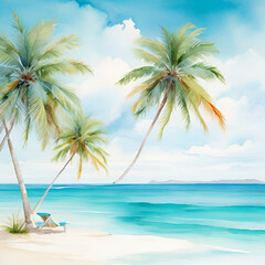 Fototapeta na wymiar Tropical beach illustration, Summer beach scene drawing, generative ai