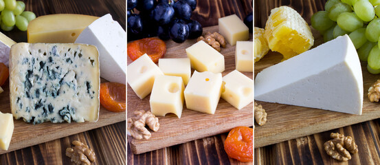 Collage of cheese plate on the wooden background. Close-up.
