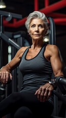 Fototapeta na wymiar Athletic muscular senior woman trains at the gym. Sports, Bodybuilding, Crossfit, Training, Weightlifting, Physical education, Healthy lifestyle, Pensioners concepts.