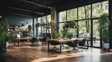 Fototapeta premium Modern Office Interior: Glass Walls, Plants, and Natural Light. Zen Workspace Light-filled Office Oasis with Lush Greenery
