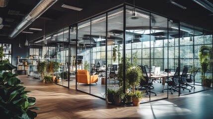 Modern Office Interior: Glass Walls, Plants, and Natural Light. Zen Workspace Light-filled Office Oasis with Lush Greenery
