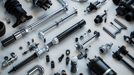 Fototapeta premium Various auto parts, metal pieces, and machine components are on the table