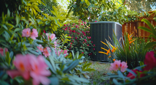 An outdoor air conditioning unit is nestled among lush greenery and vibrant flowers, blending technology with nature.