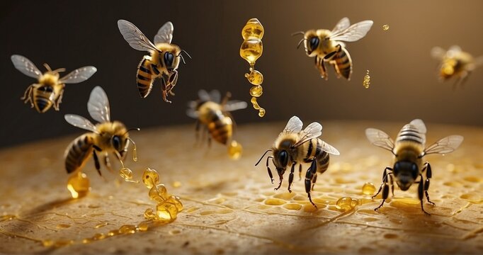 Craft an ultra-realistic image of honey bees engaged in their intricate dance communication. Pay attention to the details of the bee's movements, the hive environment, and the realistic -AI Generative