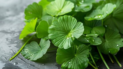 bunch of gotu kola leaves, celebrated for their cognitive-enhancing and skin-rejuvenating effects - obrazy, fototapety, plakaty