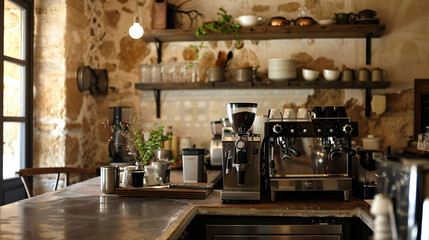 Fototapeta na wymiar A professional espresso machine on a wooden countertop, with a rustic stone wall and kitchen utensils in the background, evoking a cozy, artisan coffee shop atmosphere. Generative AI