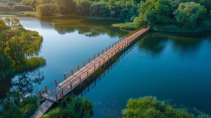 Fototapeta premium A serene drone view over a natural lake with a meticulously designed bridge