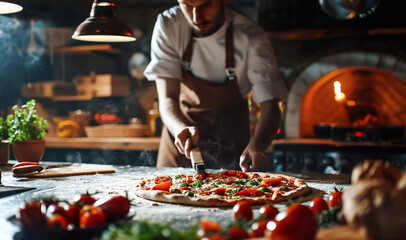 Professional italian chef showing skill of cooking pizza,food in kitchen area.restaurant business industry background.quality of taste - obrazy, fototapety, plakaty
