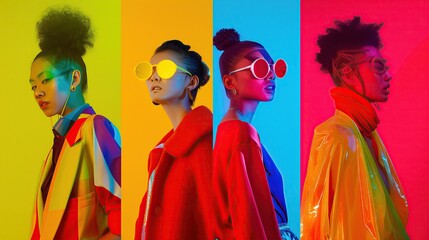 four colorful posters for a fashion store in the style of experimental videos - obrazy, fototapety, plakaty