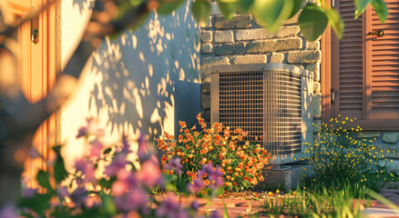 An outdoor air conditioning unit is nestled among lush greenery and vibrant flowers, blending technology with nature.