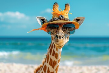 Obraz premium giraffe in sunglasses and hat on the beach near the sea, looking at the camera. summer vacation by the sea