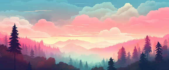 Picturesque gradient forest with misty trees and a colorful sky, showcasing the cutest and most beautiful woodland vista.