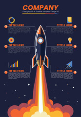 Business template infographic Timeline process graph with launch symbol and 6 step or option People group, workflow with dark background