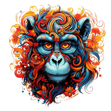 A monkey depicted in vibrant tattoo art style against a clean white  transparent background 