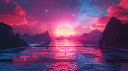 Retro-futuristic abstract, neon grids and sunsets, 80s synthwave vibe - obrazy, fototapety, plakaty