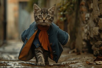 In the quiet dawn of a hidden alleyway, a baby-cat dons its 19th century mafia attire - obrazy, fototapety, plakaty