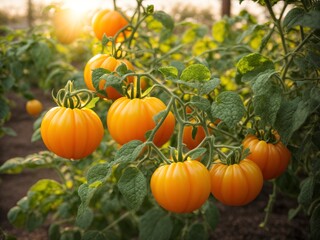 Obraz premium Ripe yellows tomatoes on bush in a greenhouse, organic agriculture concept