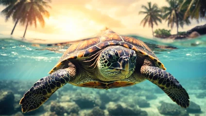 Fotobehang Green sea turtle swimming © Марина Андриянова