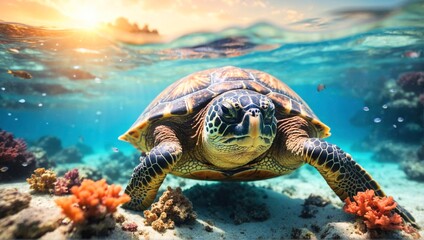 Turtle in the sea with beautiful coral and little fishes graphic under tropic island