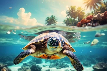Zelfklevend Fotobehang Blue sea turtle swimming © Марина Андриянова