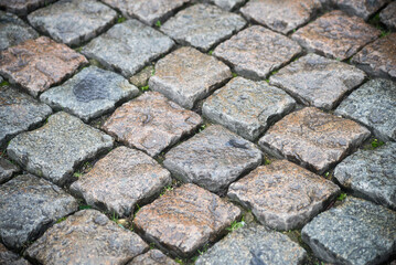 closeup of wet ancient cobblestone in the street