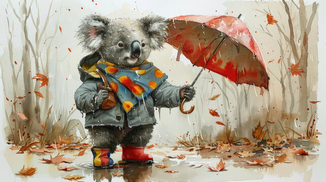 a painting of a koala holding an umbrella in a raincoat and boots with autumn leaves on the ground.