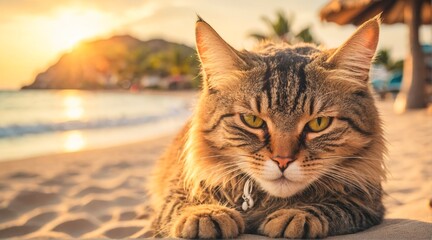 Obraz premium Portrait of a cat sitting on a sun lounger on the beach under palm trees. 