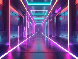 A digital illustration of a futuristic corridor bathed in vibrant neon lights, with a perspective that draws the eye towards infinity. Resplendent - obrazy, fototapety, plakaty