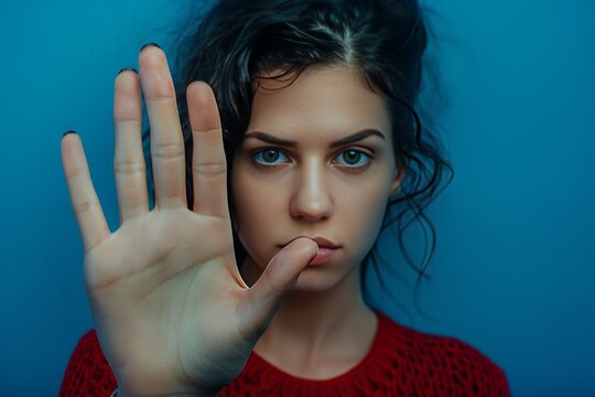 Close-up Feminist woman showing stop hand sign and strong body language saying No Female Emporement against Gender based violence