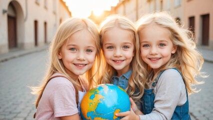 Happy children holding the globe in their hands in street background. Global peace and human rights concept. World earth day concept