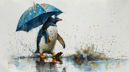 a painting of a penguin walking in the rain with an umbrella over its head and a penguin holding an umbrella over its head. - obrazy, fototapety, plakaty