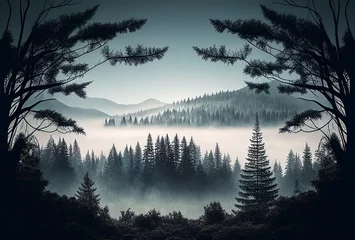 Foto op Plexiglas Misty foggy landscape with coniferous trees. © Airobert