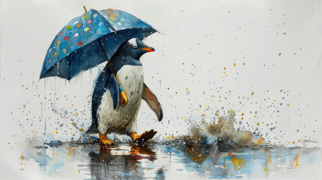 a painting of a penguin walking in the rain with an umbrella over its head and a penguin holding an umbrella over its head.