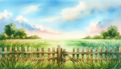 Fototapeta na wymiar Watercolor painting of a serene countryside landscape
