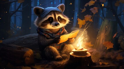 A curious raccoon with glowing eyes shares tales around a mystical forest campfire. --ar 1:1