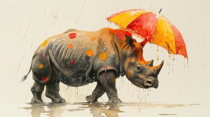 a rhino is standing in the rain with an umbrella over it's head as it stands in the water.