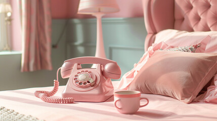 A blush pink retro telephone rests on a bedside table, its cord coiled like a slumbering snake.
