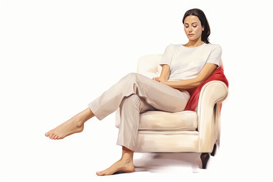 Woman sitting on a comfy chair and waiting with her legs crossed on white background