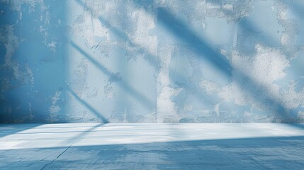 Light Blue Plaster Wall with Shadows of Sunlight. Elegant Background for Product Presentation
