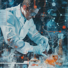 Illustration of chemist scientist working in laboratory. - obrazy, fototapety, plakaty