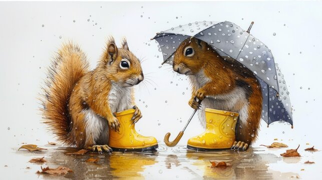 a painting of a squirrel and a squirrel with yellow rubber boots and an umbrella are facing each other in the rain.
