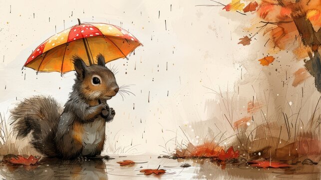 a painting of a squirrel holding an umbrella and standing in the rain with its paws on it's chest.