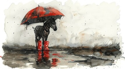 a watercolor painting of a zebra standing in the rain with a red and black umbrella over it's head.