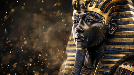 Ancient Egyptian pharaoh on a black backdrop with copy space
