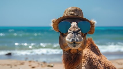 camel in sunglasses and hat on the beach near the sea, looking at the camera. summer vacation by the sea with copy space