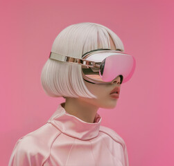 A woman with white bobbed hair and pink VR headset over pink background