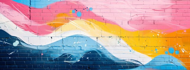 Dynamic abstract mural on a pink brick wall featuring fluid waves in a palette of pink, blue, yellow, and splashes of white.