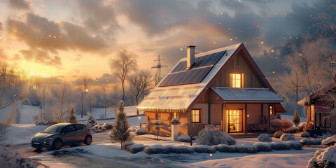 Solar pannels in winter on a roof. Sunset in the background. Electric car parked. AI Generated - obrazy, fototapety, plakaty